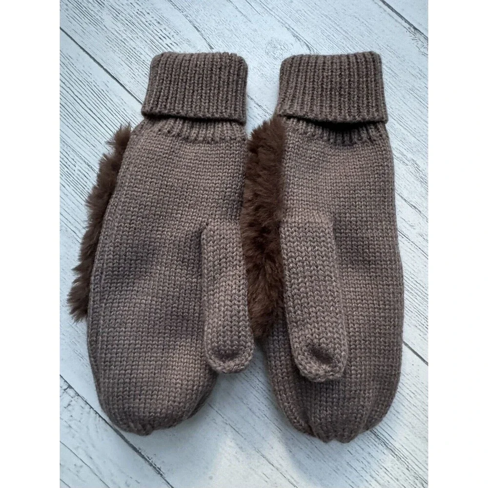 Cat Mittens Brown Cat Double Cuffs Faux Fur Embroidered NWOT